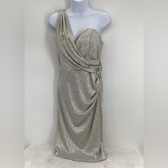 Cache NWT One Shoulder Metallic Cocktail Party Evening Dress Silver Size 12 - Picture 2 of 10